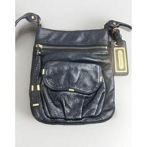 VINTAGE Women B Makowsky Black Leather Crossbody Purse Magnet Flap Gusset Pocket